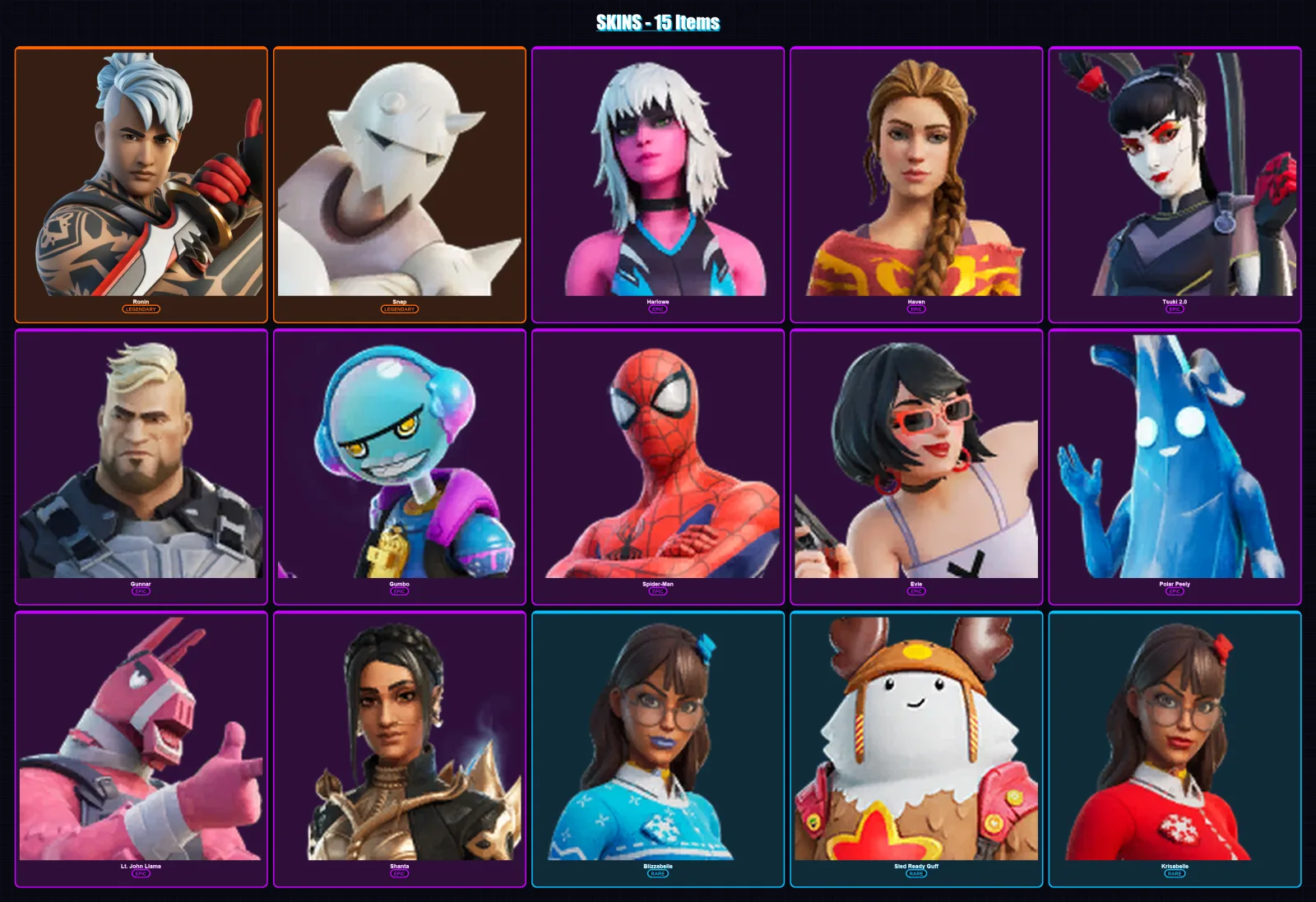 [PC/XBOX/PSN] | Ronin | Snap | Harlowe | Haven | Tsuki 2.0 | 15 skin | 30 pickaxe | 19 emote | 36 glider | Lv612