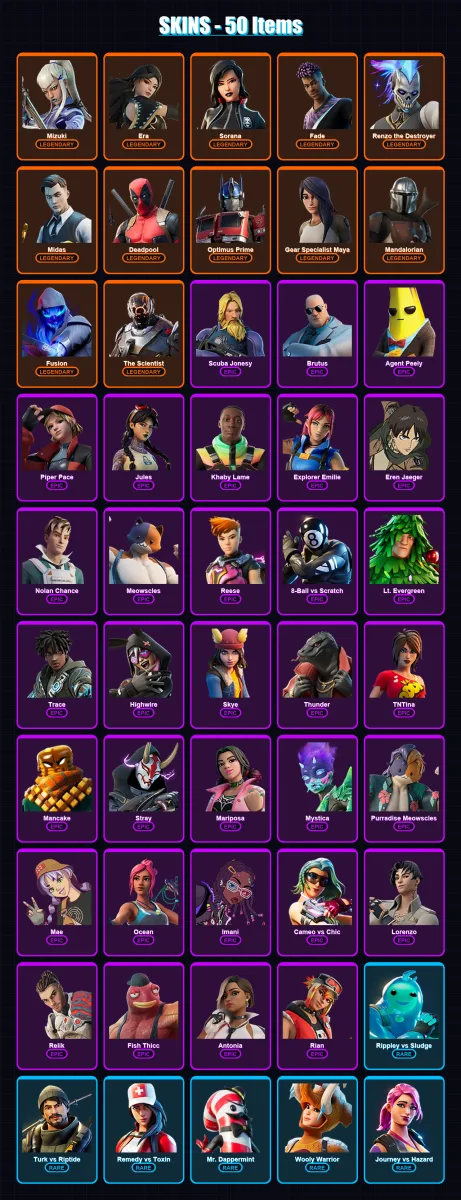[PC/XBOX] | Mizuki | Era | Sorana | Fade | Renzo the Destroyer | 50 skin | 54 pickaxe | 64 emote | 63 glider | Lv1085