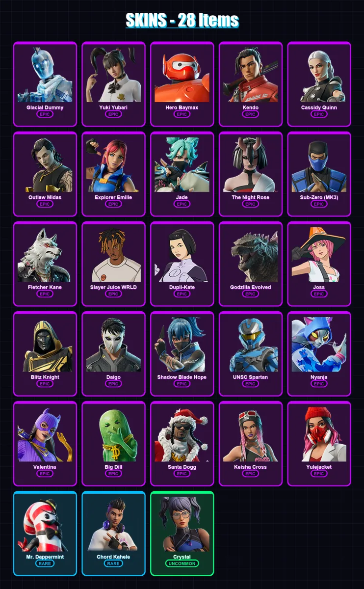 [PC/XBOX/PSN] | Glacial Dummy | Yuki Yubari | Hero Baymax | Kendo | Cassidy Quinn | 28 skin | 57 pickaxe | 33 emote | 45 glider | Lv634