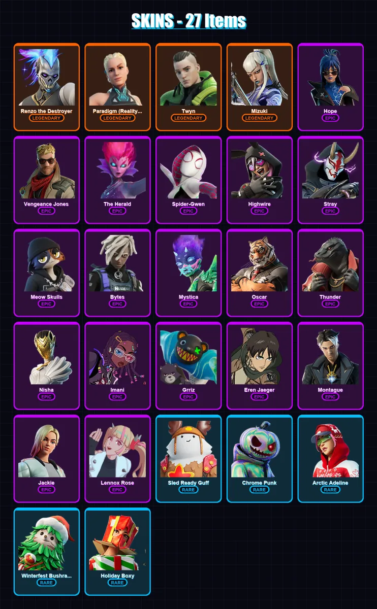 [PC/XBOX/PSN] | Renzo the Destroyer | Paradigm (Reality-659) | Twyn | Mizuki | Hope | 27 skin | 42 pickaxe | 34 emote | 48 glider | Lv648