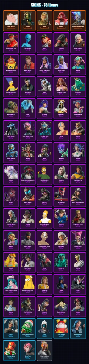 [PC/PSN] | Peter Griffin | Hades | Zeus | Valeria | Renzo the Destroyer | 78 skin | 80 pickaxe | 65 emote | 59 glider | Lv795