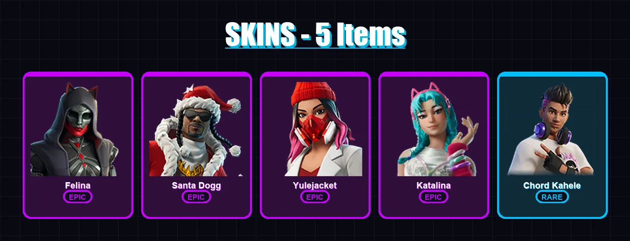 [PC/XBOX/PSN] | Felina | Santa Dogg | Yulejacket | Katalina | Chord Kahele | 5 skin | 18 pickaxe | 7 emote | 10 glider | Lv140