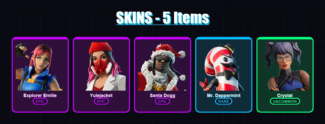 [PC/XBOX/PSN] | Explorer Emilie | Yulejacket | Santa Dogg | Mr. Dappermint | Crystal | 5 skin | 18 pickaxe | 10 emote | 9 glider | Lv166