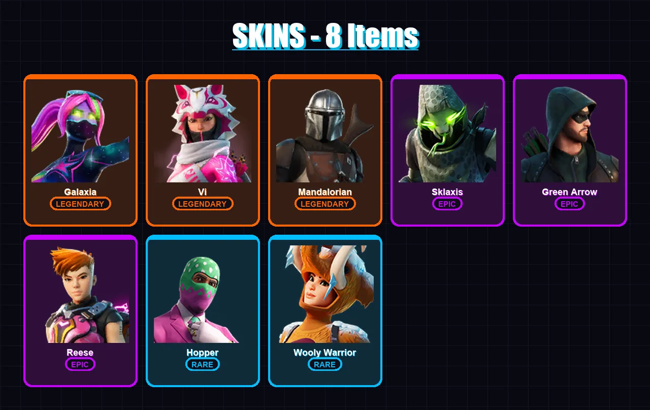 [SWITCH/XBOX/PC] | Galaxia | Vi | Mandalorian | Sklaxis | Green Arrow | 8 skin | 17 pickaxe | 8 emote | 12 glider | Lv174