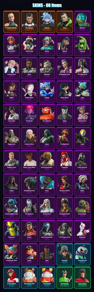 [PC/XBOX/PSN] | Paradigm (Reality-659) | The Ageless | Nezumi | Twyn | Mysterio | 60 skin | 87 pickaxe | 66 emote | 69 glider | Lv1018