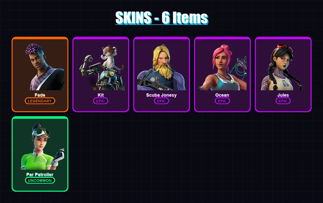 [PC/XBOX/PSN] | Fade | Kit | Scuba Jonesy | Ocean | Jules | 6 skin | 15 pickaxe | 17 emote | 19 glider | Lv305