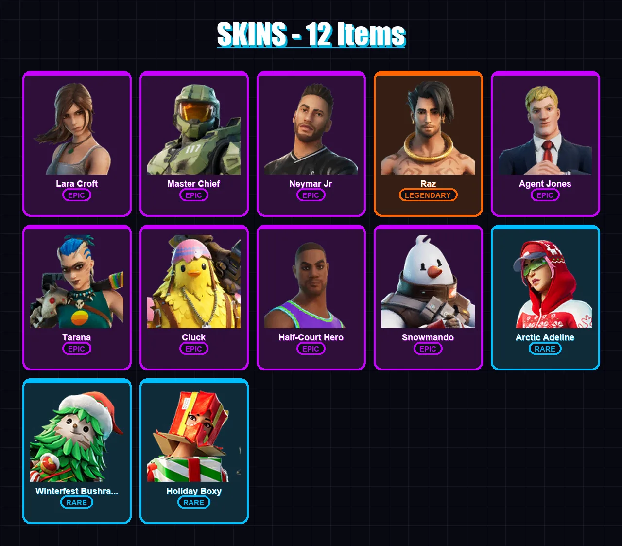 [PC/XBOX/PSN] | Lara Croft | Master Chief | Neymar Jr | Raz | Agent Jones | 12 skin | 39 pickaxe | 32 emote | 49 glider | Lv537