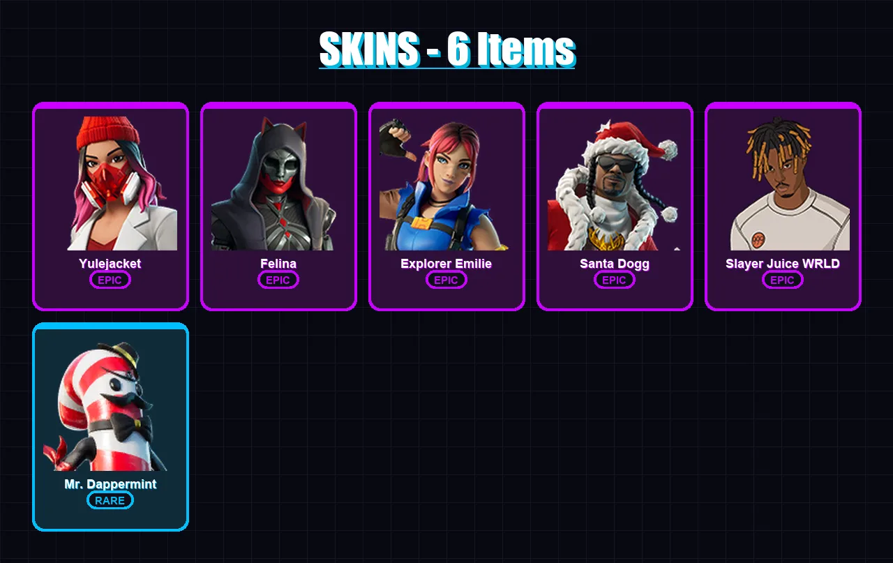 [PC/XBOX/PSN] | Yulejacket | Felina | Explorer Emilie | Santa Dogg | Slayer Juice WRLD | 6 skin | 23 pickaxe | 11 emote | 14 glider | Lv412