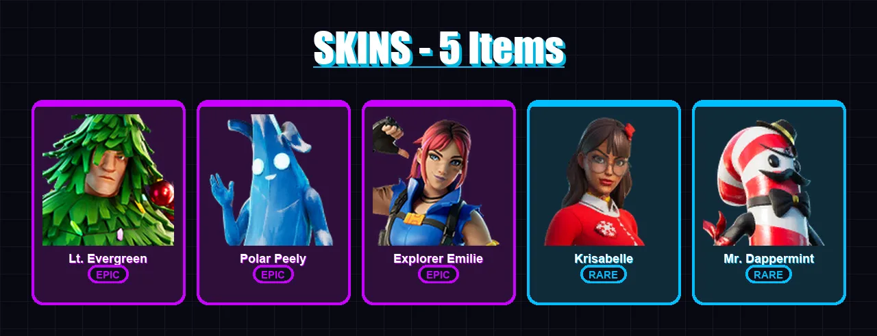 [PC/XBOX/PSN] | Lt. Evergreen | Polar Peely | Explorer Emilie | Krisabelle | Mr. Dappermint | 5 skin | 6 pickaxe | 3 emote | 4 glider | Lv25