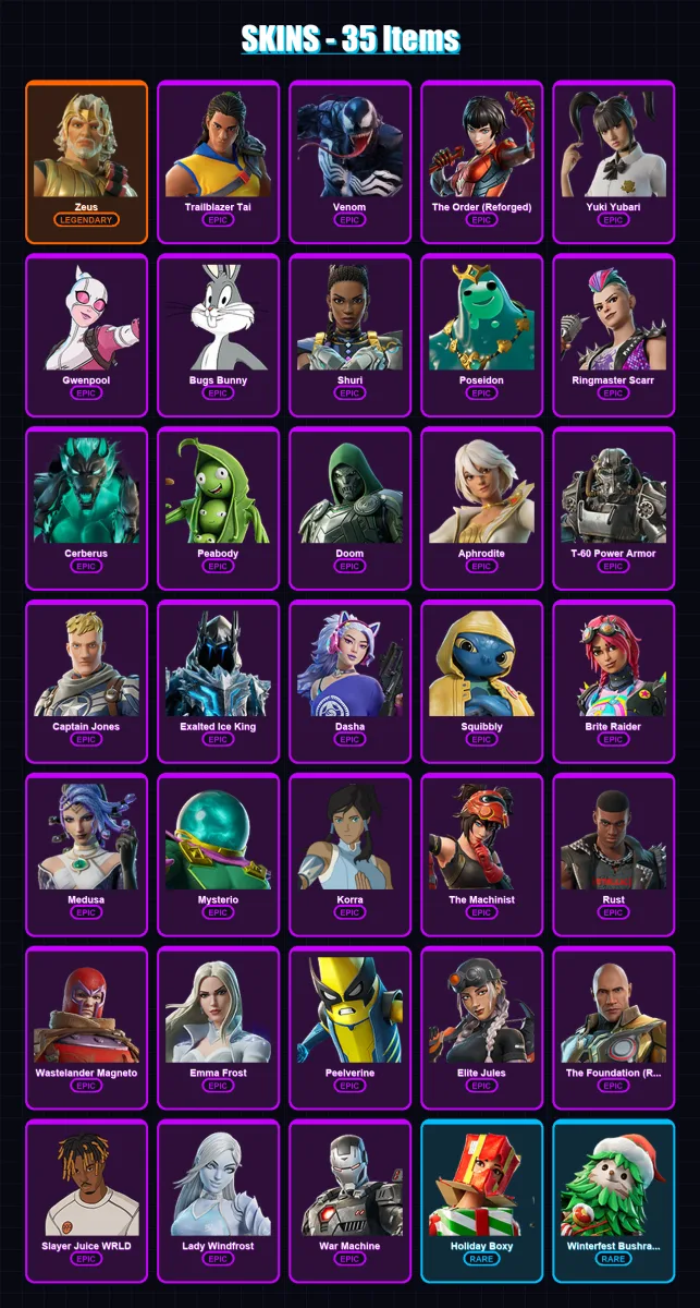 [PC/PSN] | Zeus | Trailblazer Tai | Venom | The Order (Reforged) | Yuki Yubari | 35 skin | 92 pickaxe | 56 emote | 70 glider | Lv766