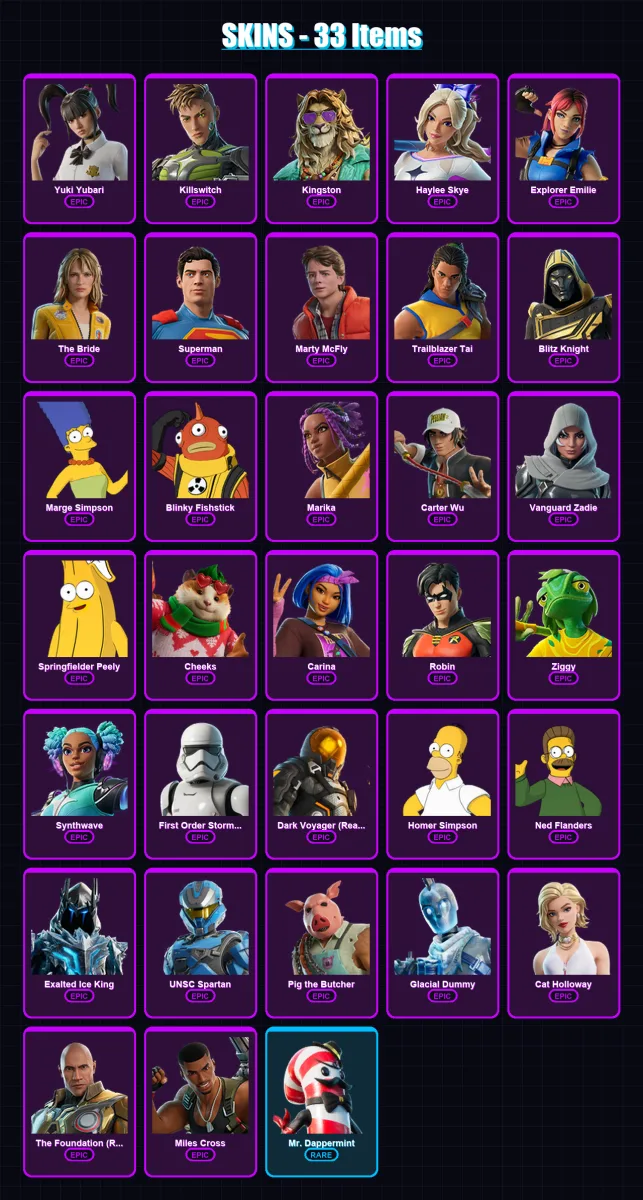 [PC/XBOX] | Yuki Yubari | Killswitch | Kingston | Haylee Skye | Explorer Emilie | 33 skin | 66 pickaxe | 35 emote | 48 glider | Lv618