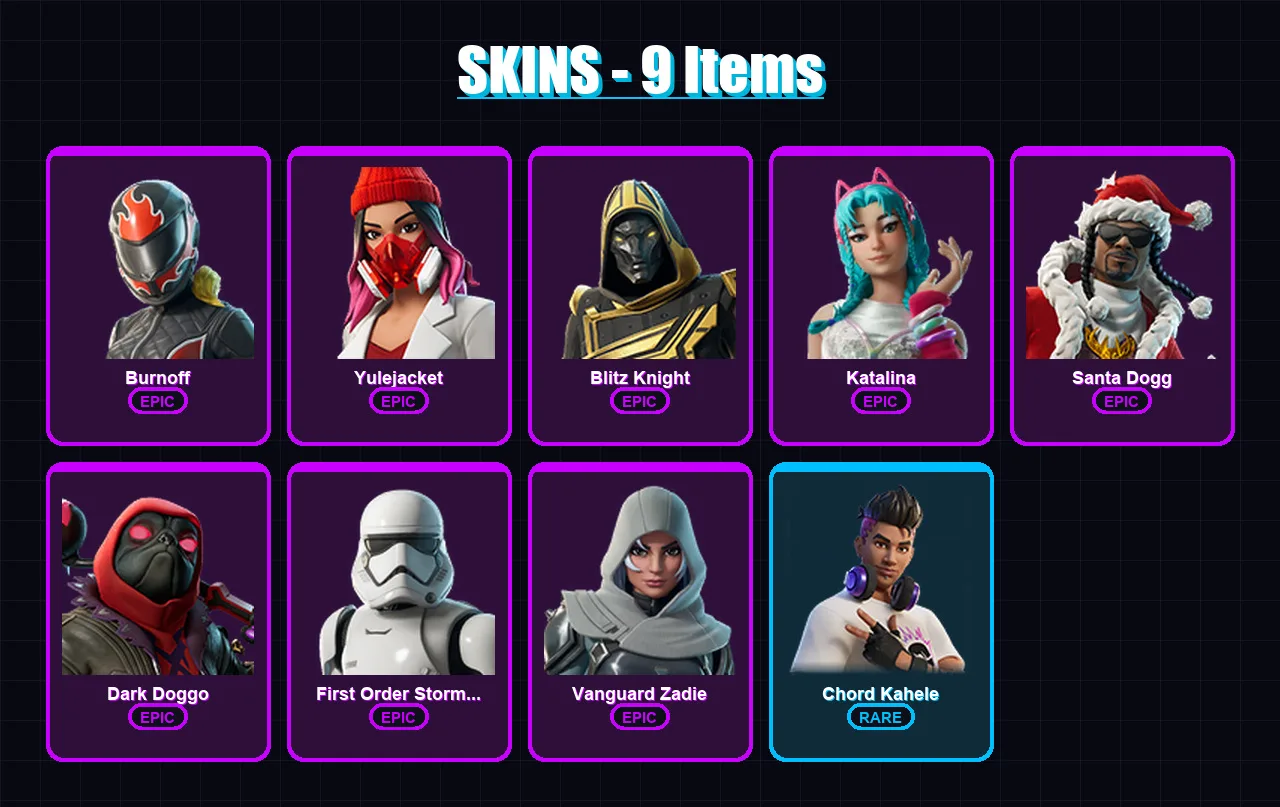 [PC/XBOX/PSN] | Burnoff | Yulejacket | Blitz Knight | Katalina | Santa Dogg | 9 skin | 39 pickaxe | 23 emote | 25 glider | Lv361