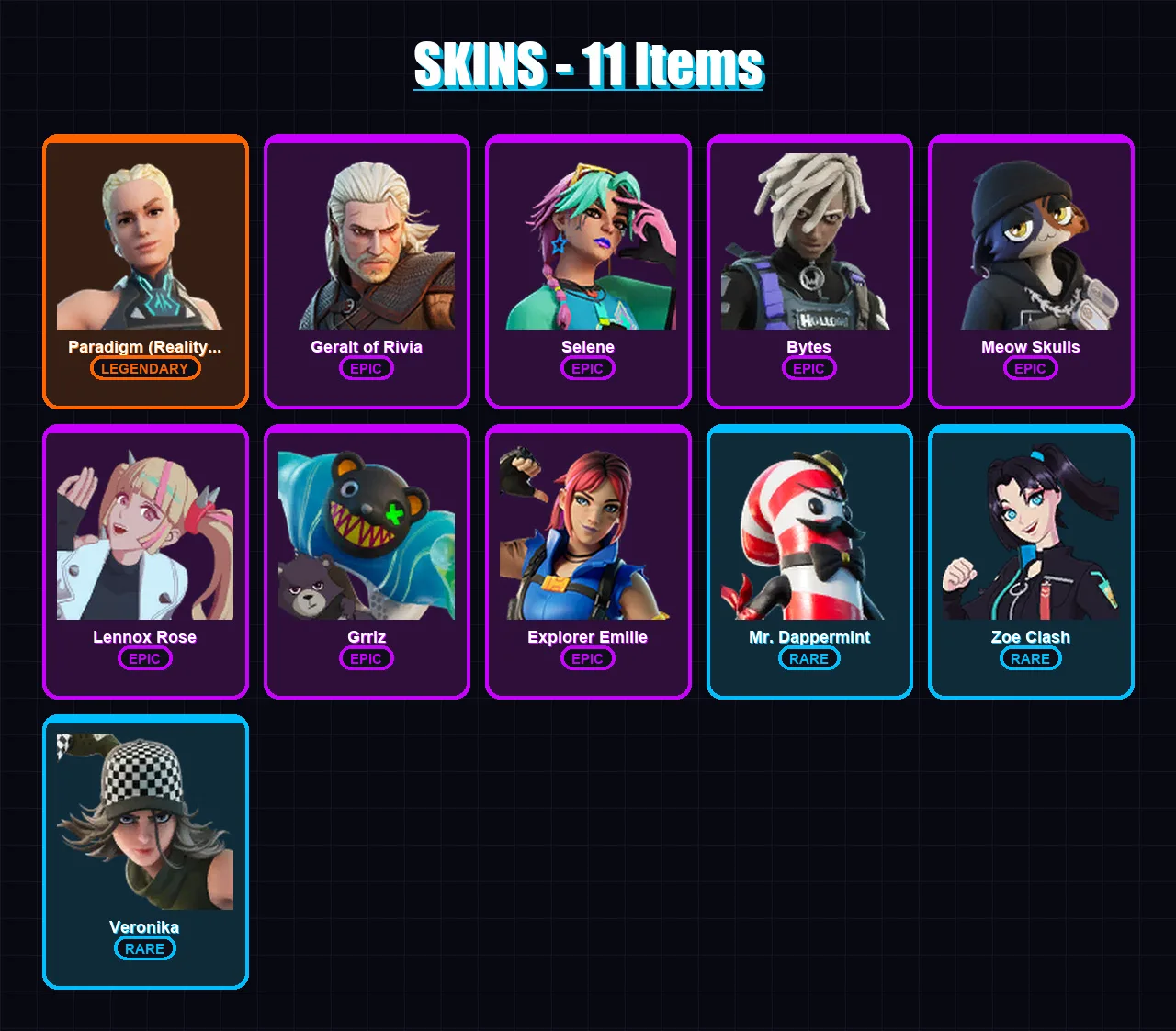 [PS4/PS5/XBOX/PC] | Paradigm (Reality-659) | Geralt of Rivia | Selene | Bytes | Meow Skulls | 11 skin | 24 pickaxe | 11 emote | 18 glider | Lv228