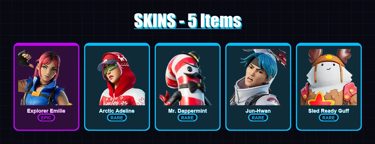 [PS4/PS5/XBOX/PC] | Explorer Emilie | Arctic Adeline | Mr. Dappermint | Jun-Hwan | Sled Ready Guff | 5 skin | 6 pickaxe | 3 emote | 6 glider | Lv49