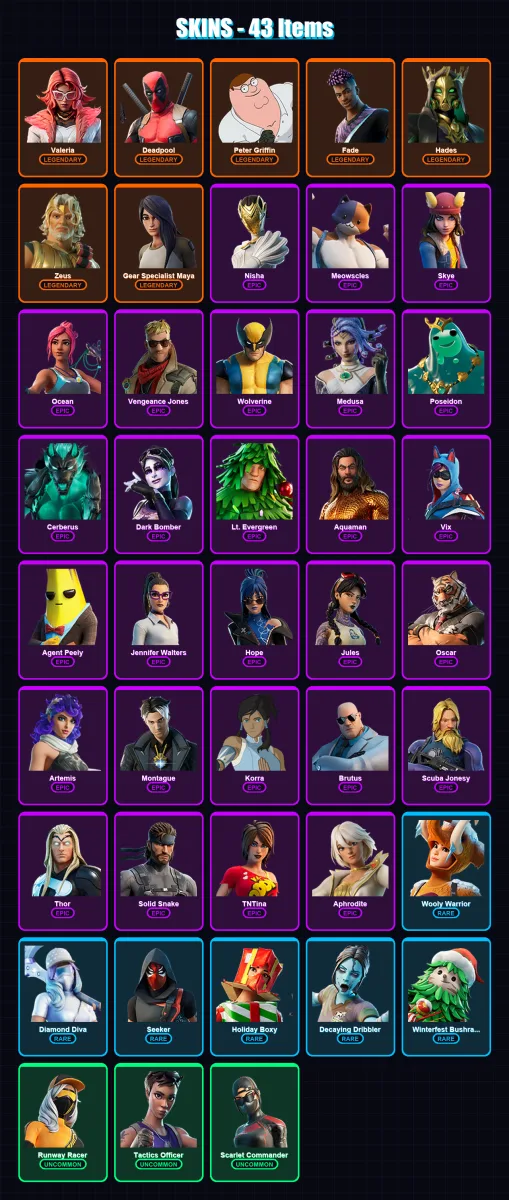 [PC/XBOX/PSN] | Valeria | Deadpool | Peter Griffin | Fade | Hades | 43 skin | 55 pickaxe | 53 emote | 58 glider | Lv1017