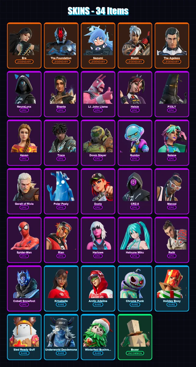 [SWITCH/XBOX/PC] | Era | The Foundation | Nezumi | Ronin | The Ageless | 34 skin | 49 pickaxe | 26 emote | 43 glider | Lv642