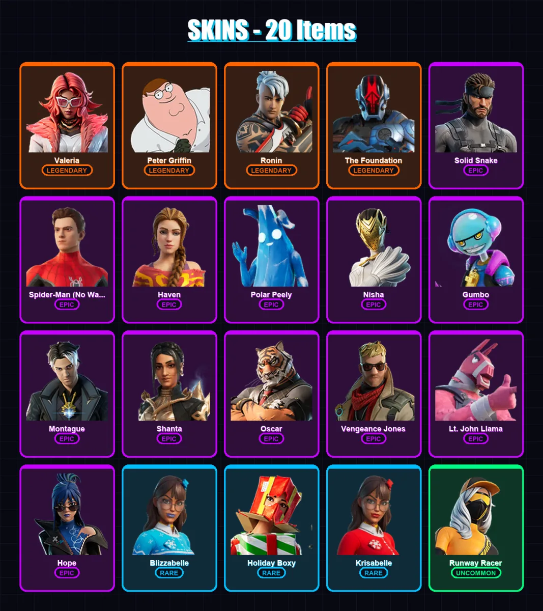 [PC/XBOX/PSN] | Valeria | Peter Griffin | Ronin | The Foundation | Solid Snake | 20 skin | 28 pickaxe | 25 emote | 21 glider | Lv357 — Fortnite account