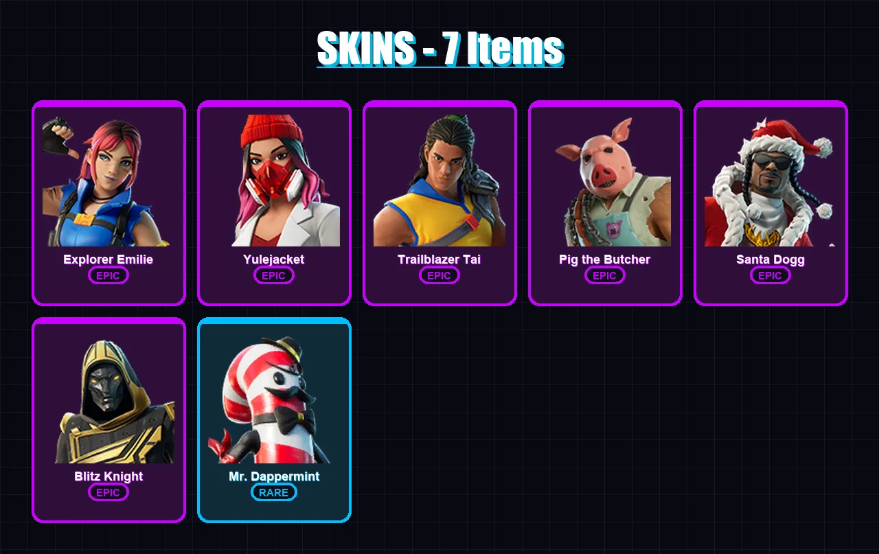 [PC/XBOX/PSN] | Explorer Emilie | Yulejacket | Trailblazer Tai | Pig the Butcher | Santa Dogg | 7 skin | 38 pickaxe | 11 emote | 19 glider | Lv243