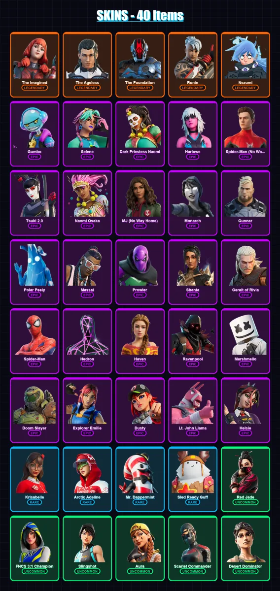 [PS4/PS5/XBOX/PC] | The Imagined | The Ageless | The Foundation | Ronin | Nezumi | 40 skin | 33 pickaxe | 33 emote | 34 glider | Lv363