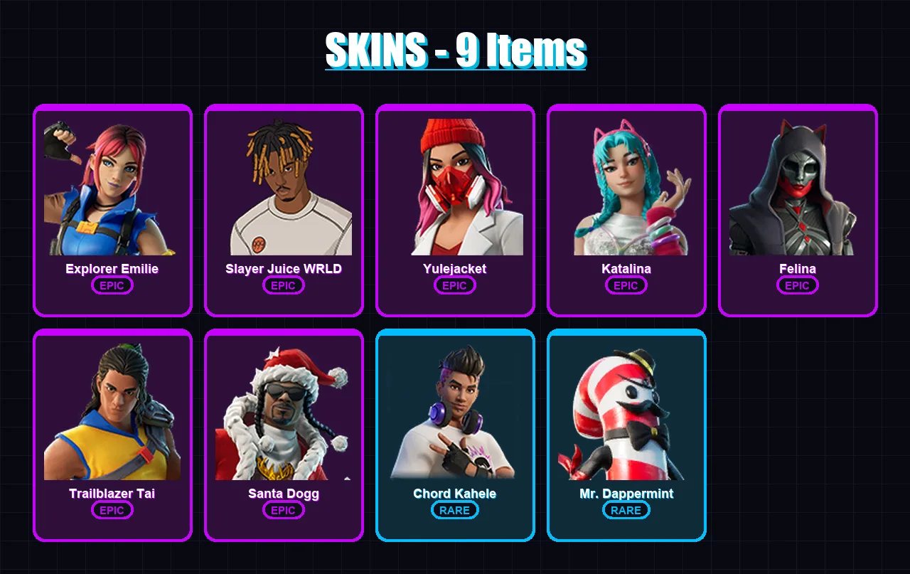 [PC/XBOX] | Explorer Emilie | Slayer Juice WRLD | Yulejacket | Katalina | Felina | 9 skin | 41 pickaxe | 16 emote | 22 glider | Lv781