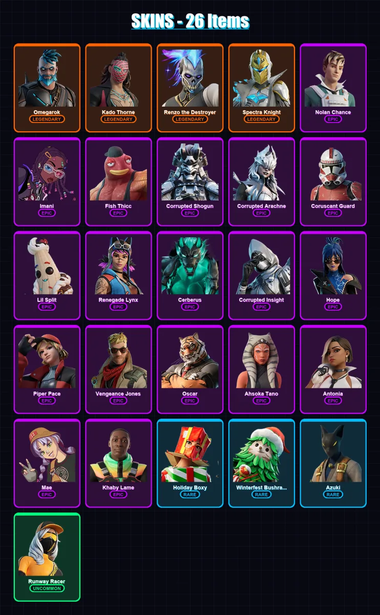[PC/XBOX/PSN] | Omegarok | Kado Thorne | Renzo the Destroyer | Spectra Knight | Nolan Chance | 26 skin | 45 pickaxe | 32 emote | 39 glider | Lv507