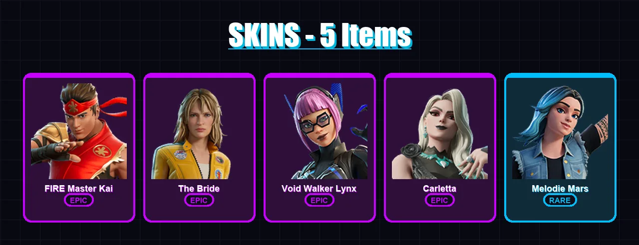 [PC/PSN] | FIRE Master Kai | The Bride | Void Walker Lynx | Carletta | Melodie Mars | 5 skin | 2 pickaxe | 1 emote | 1 glider | Lv2