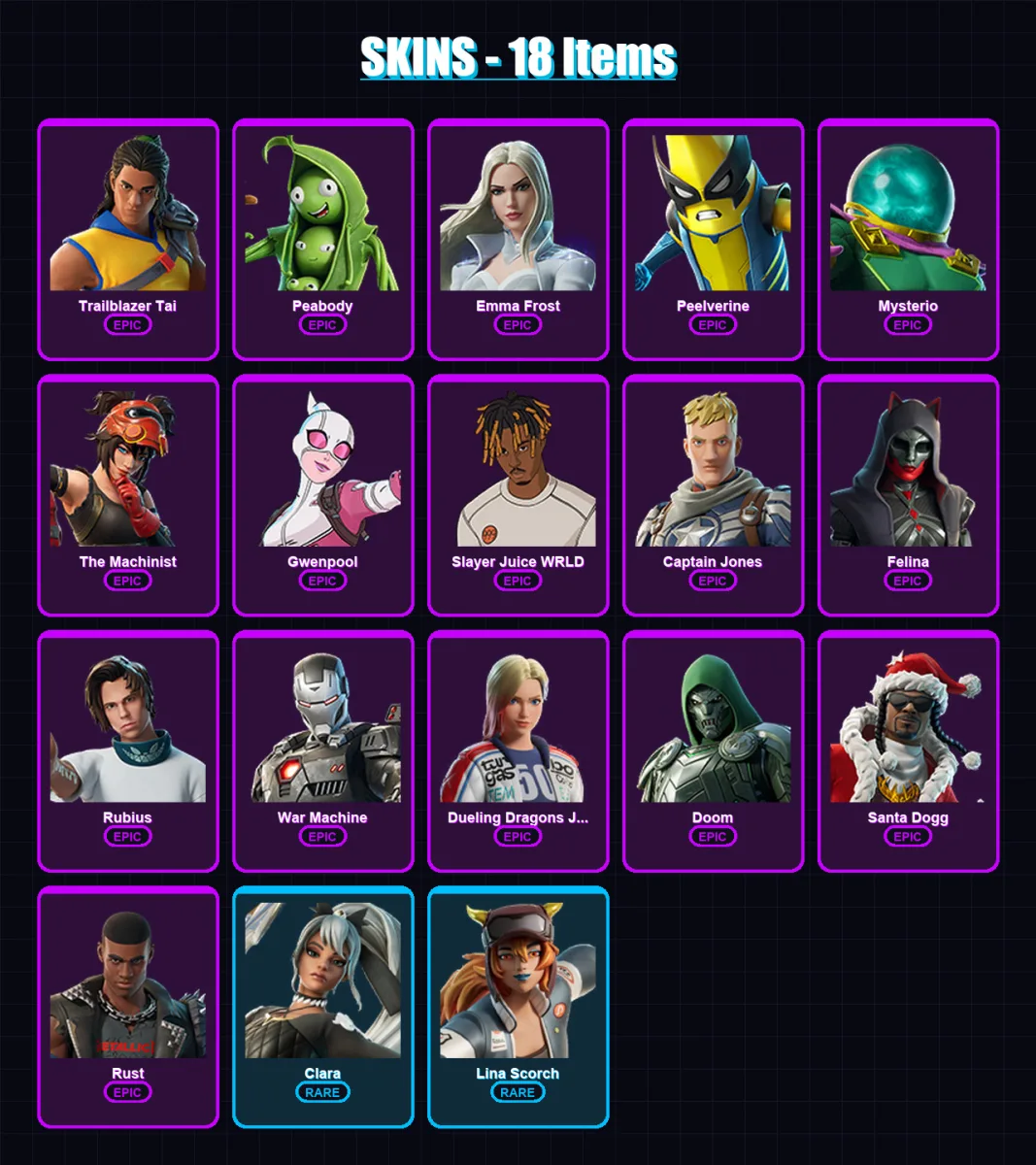 [PS4/PS5/XBOX/PC] | Trailblazer Tai | Peabody | Emma Frost | Peelverine | Mysterio | 18 skin | 52 pickaxe | 30 emote | 38 glider | Lv397