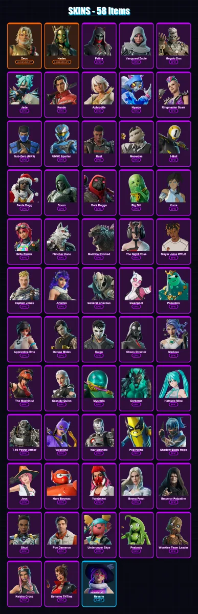 [PC/XBOX/PSN] | Zeus | Hades | Felina | Vanguard Zadie | Megalo Don | 58 skin | 113 pickaxe | 71 emote | 76 glider | Lv1235