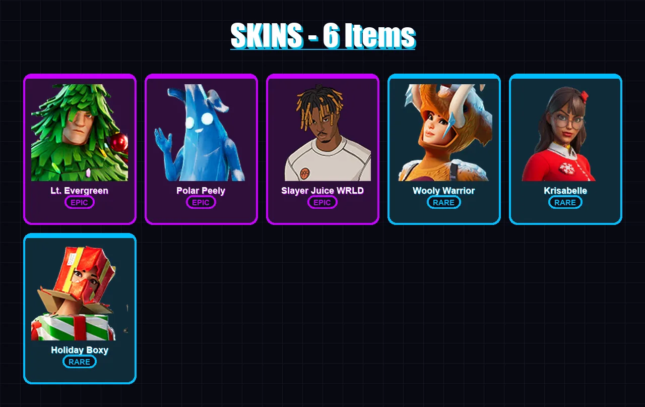 [PC/PSN] | Lt. Evergreen | Polar Peely | Slayer Juice WRLD | Wooly Warrior | Krisabelle | 6 skin | 12 pickaxe | 6 emote | 12 glider | Lv117