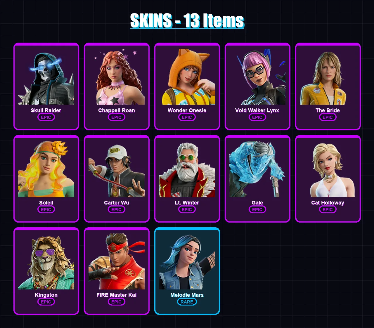 [PC/XBOX/PSN] | Skull Raider | Chappell Roan | Wonder Onesie | Void Walker Lynx | The Bride | 13 skin | 15 pickaxe | 17 emote | 10 glider | Lv54 — Fortnite account