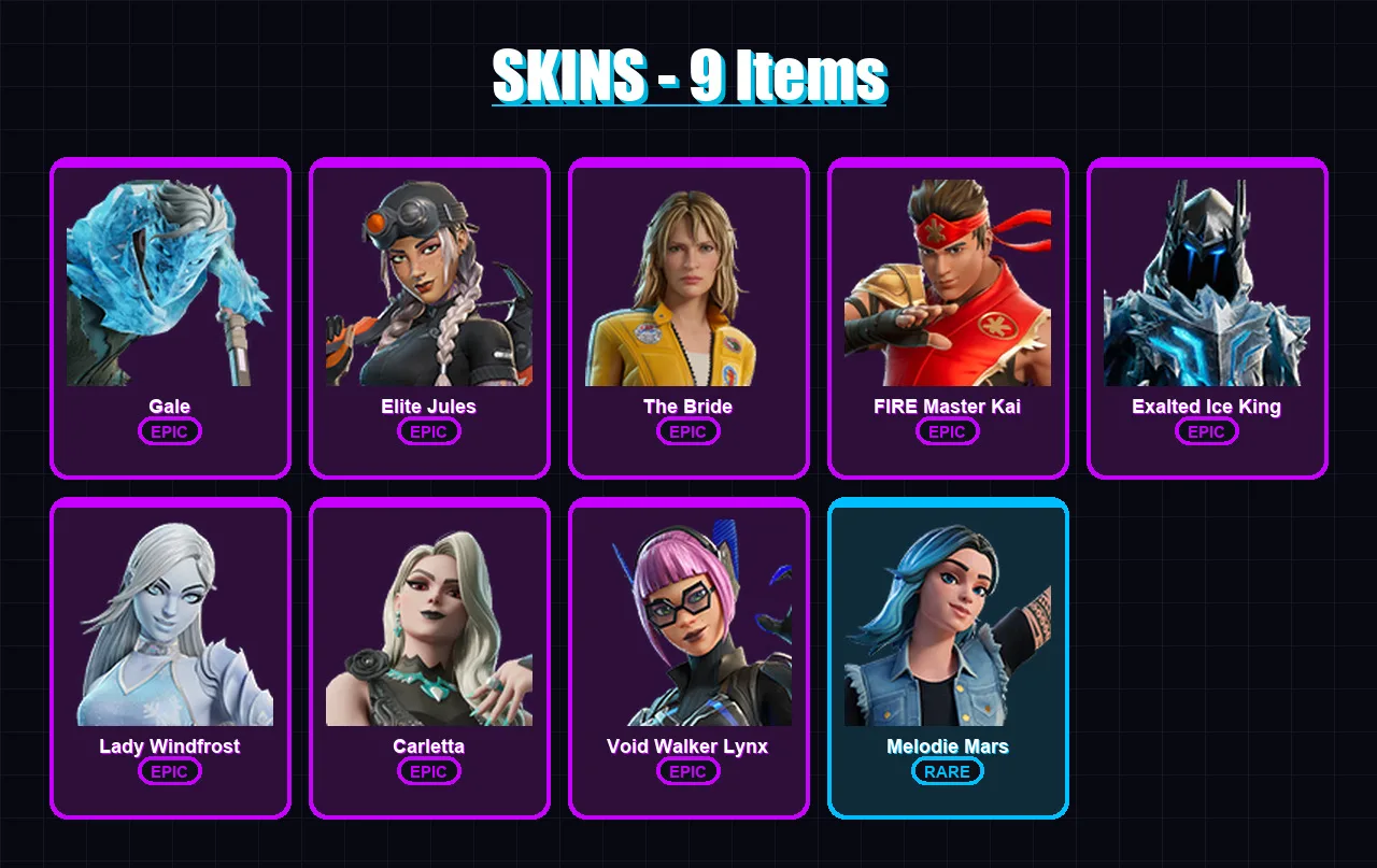 [PC/PSN] | Gale | Elite Jules | The Bride | FIRE Master Kai | Exalted Ice King | 9 skin | 13 pickaxe | 8 emote | 9 glider | Lv60