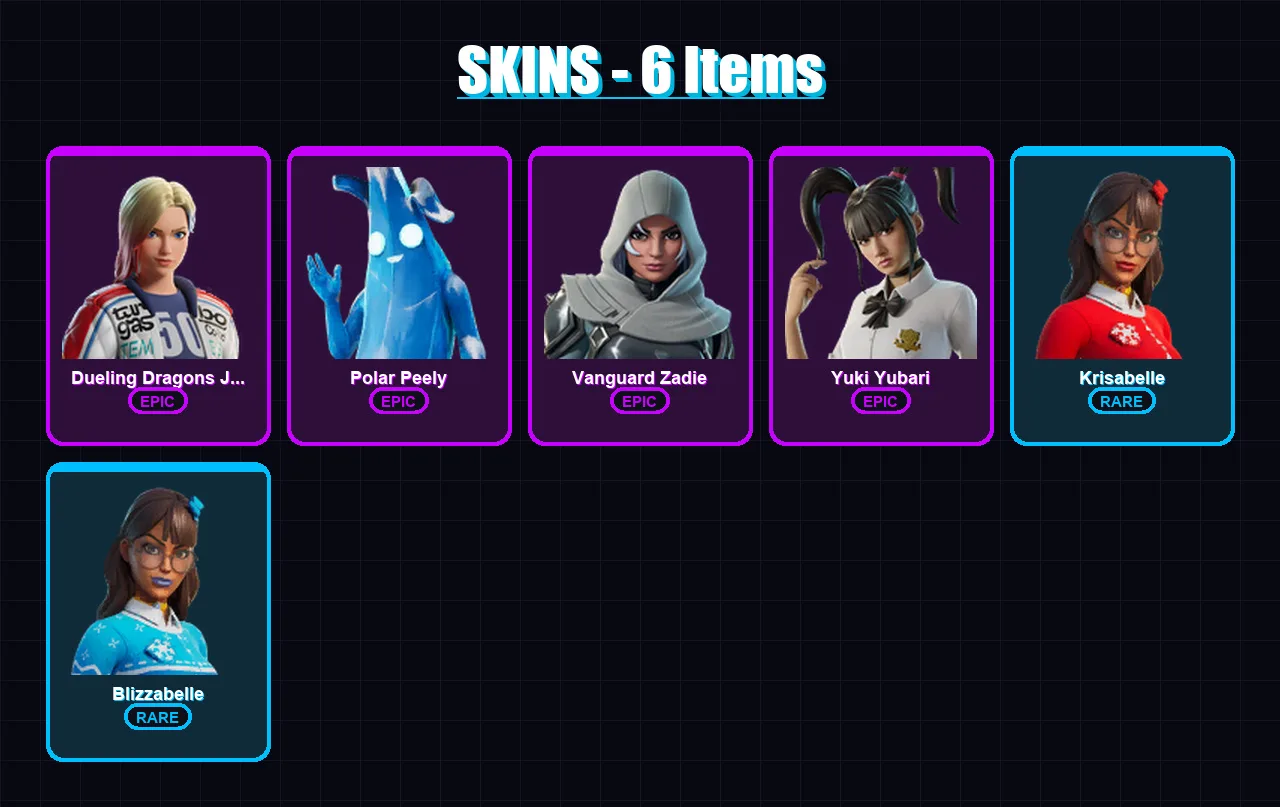 [PC/XBOX/PSN] | Dueling Dragons Jackie | Polar Peely | Vanguard Zadie | Yuki Yubari | Krisabelle | 6 skin | 30 pickaxe | 18 emote | 25 glider | Lv33