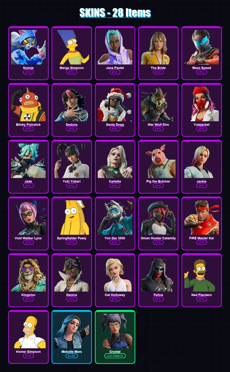 [PC/XBOX/PSN] | Nyanja | Marge Simpson | Jana Pastel | The Bride | Maxx Speed | 28 skin | 68 pickaxe | 41 emote | 42 glider | Lv554 — Fortnite account