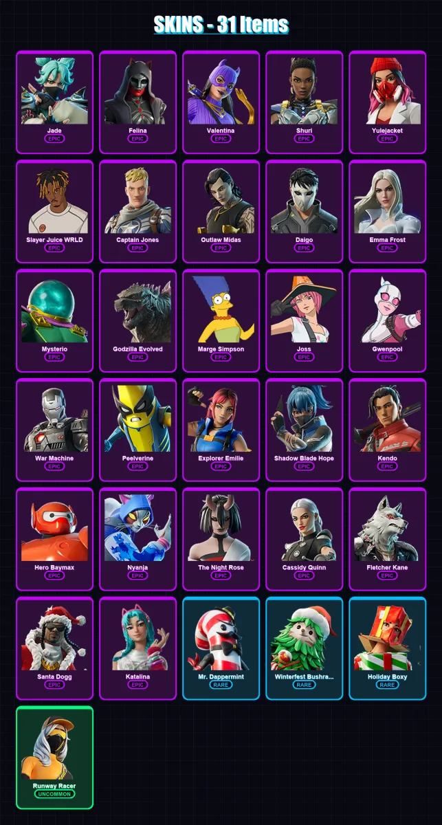 [PS4/PS5/XBOX/PC] | Jade | Felina | Valentina | Shuri | Yulejacket | 31 skin | 70 pickaxe | 44 emote | 43 glider | Lv1014