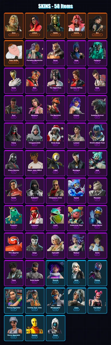 [PC/XBOX] | Zeus | Joltara | Hades | Valeria | Era | 58 skin | 104 pickaxe | 61 emote | 71 glider | Lv1160 — Fortnite account
