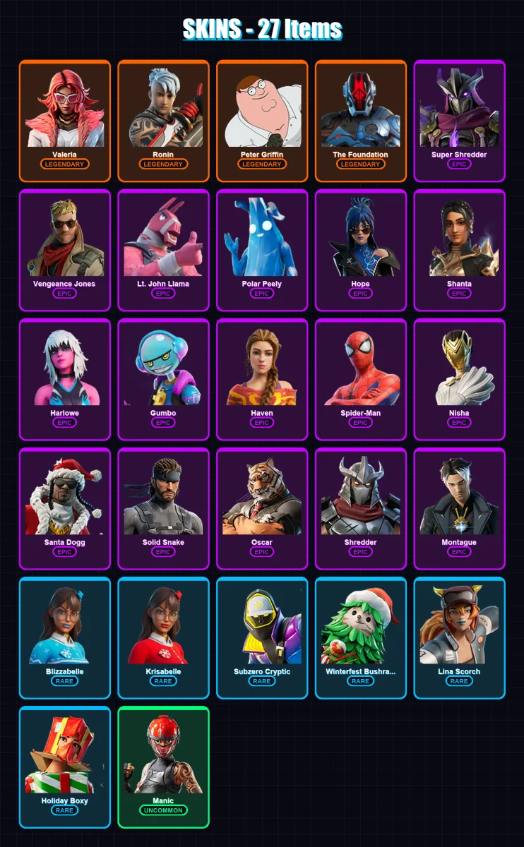[PS4/PS5/XBOX/PC] | Valeria | Ronin | Peter Griffin | The Foundation | Super Shredder | 27 skin | 37 pickaxe | 39 emote | 34 glider | Lv451 — Fortnite account