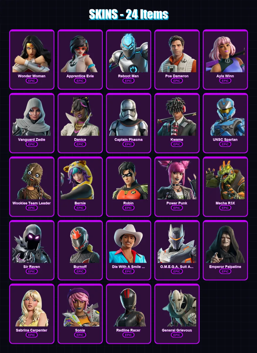 [PC/XBOX/PSN] | Wonder Woman | Apprentice Evie | Reboot Man | Poe Dameron | Ayla Winn | 24 skin | 23 pickaxe | 16 emote | 14 glider | Lv68