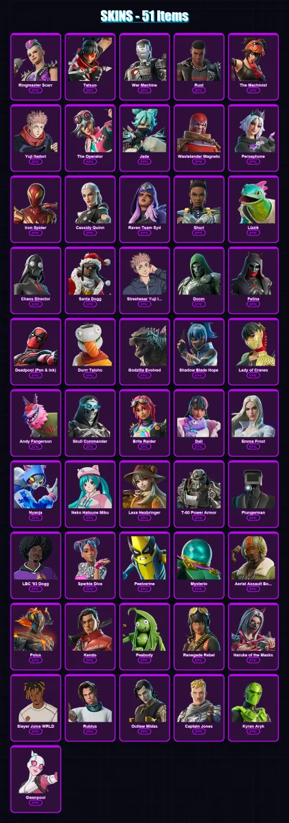 [PC/PSN] | Ringmaster Scarr | Tatsuo | War Machine | Rust | The Machinist | 51 skin | 54 pickaxe | 37 emote | 29 glider | Lv223