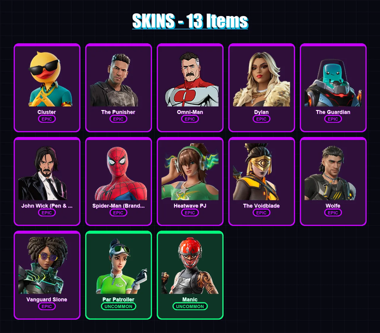 [PC/XBOX/PSN] | Cluster | The Punisher | Omni-Man | Dylan | The Guardian | 13 skin | 29 pickaxe | 20 emote | 25 glider | Lv264