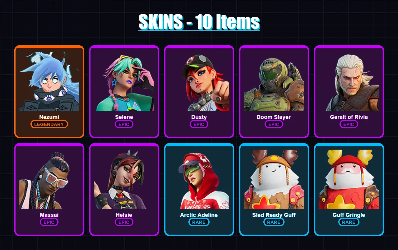 [PC/XBOX/PSN] | Nezumi | Selene | Dusty | Doom Slayer | Geralt of Rivia | 10 skin | 14 pickaxe | 18 emote | 19 glider | Lv192