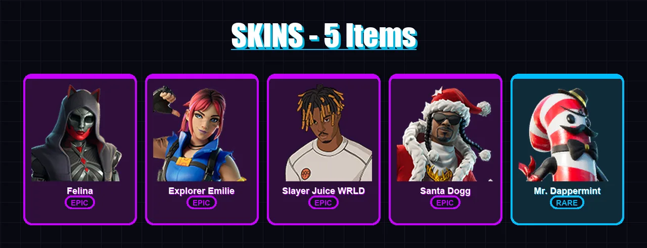 [PC/XBOX/PSN] | Felina | Explorer Emilie | Slayer Juice WRLD | Santa Dogg | Mr. Dappermint | 5 skin | 14 pickaxe | 6 emote | 8 glider | Lv94