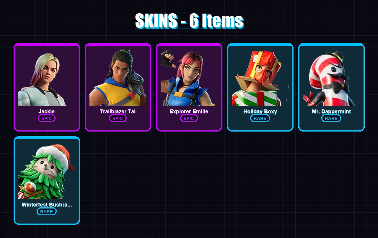 [PC/XBOX/PSN] | Jackie | Trailblazer Tai | Explorer Emilie | Holiday Boxy | Mr. Dappermint | 6 skin | 4 pickaxe | 1 emote | 5 glider | Lv34