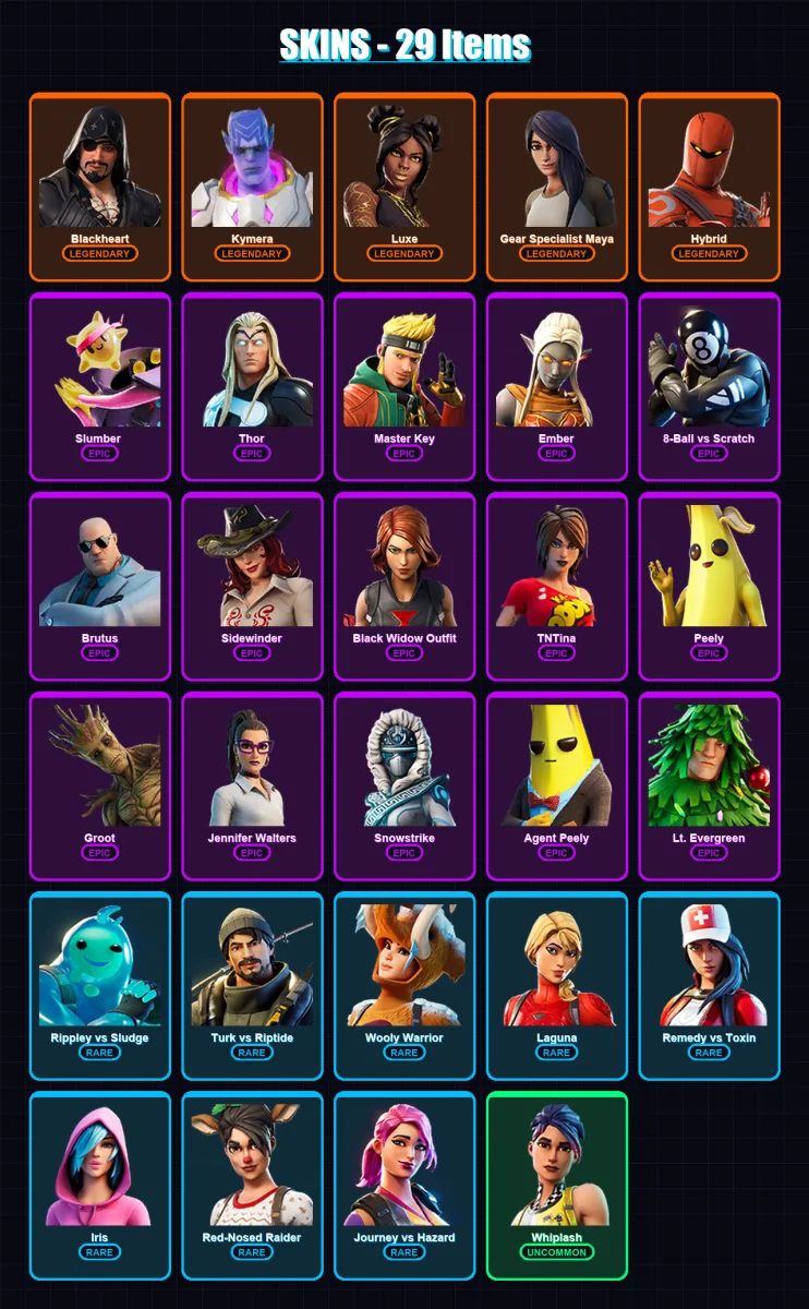 [SWITCH/XBOX/PSN/PC] | Blackheart | Kymera | Luxe | Gear Specialist Maya | Hybrid | 29 skin | 29 pickaxe | 40 emote | 27 glider | Lv307