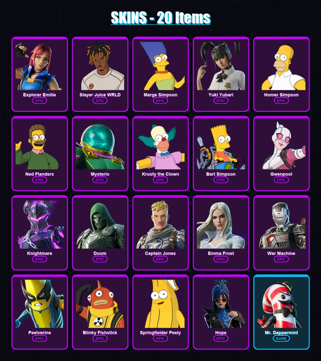 [PC/PSN] | Explorer Emilie | Slayer Juice WRLD | Marge Simpson | Yuki Yubari | Homer Simpson | 20 skin | 31 pickaxe | 21 emote | 25 glider | Lv260