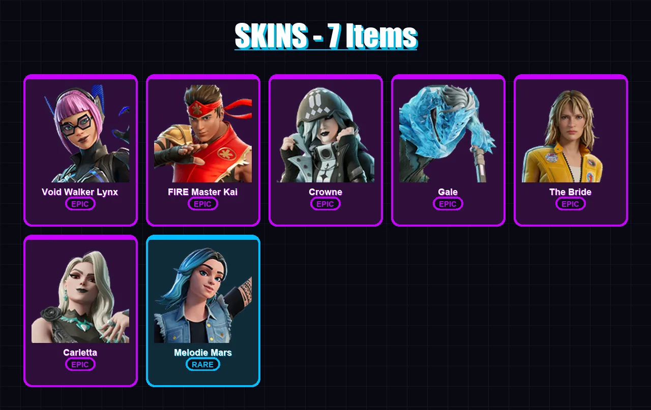 [PC/PSN] | Void Walker Lynx | FIRE Master Kai | Crowne | Gale | The Bride | 7 skin | 4 pickaxe | 3 emote | 1 glider | Lv5