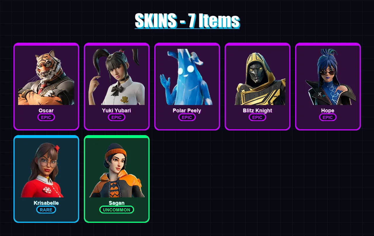 [PC] | Oscar | Yuki Yubari | Polar Peely | Blitz Knight | Hope | 7 skin | 30 pickaxe | 23 emote | 35 glider | Lv574