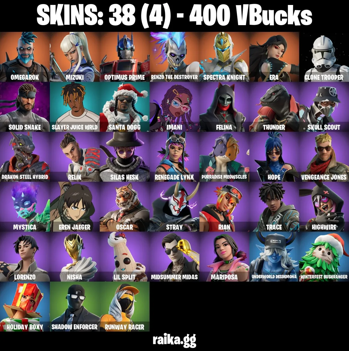 PC/PSN/XBOX 38 skins Reaper | Omegarok | Mizuki | Optimus Prime | Renzo the Destroyer | Spectra Knight | Era | 400 V-Bucks Fast Delivery — Fortnite account