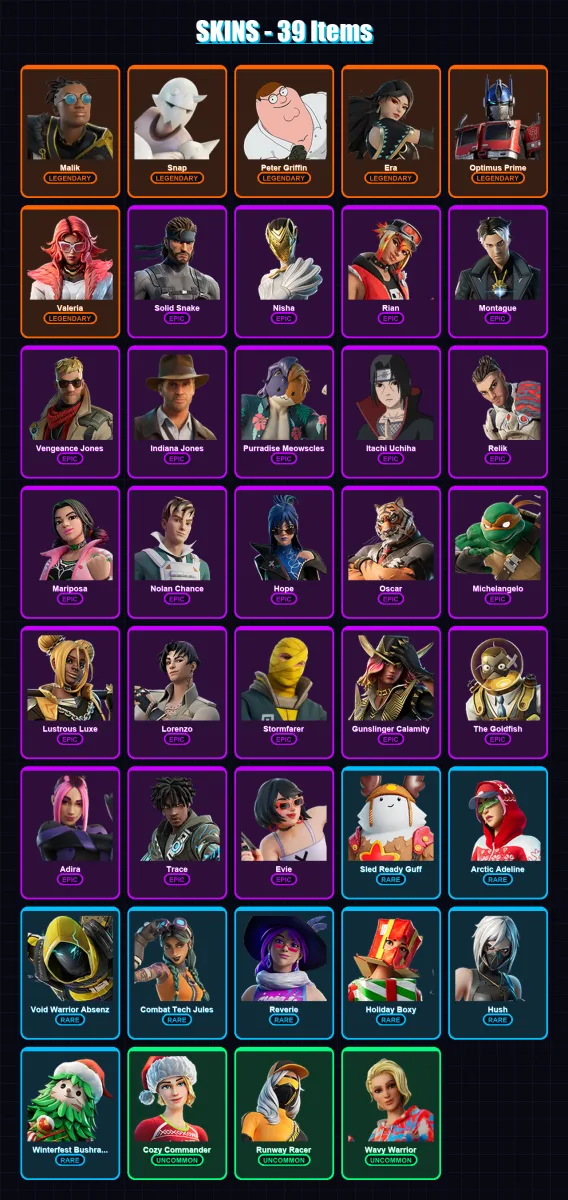 [PC/XBOX/PSN] | Malik | Snap | Peter Griffin | Era | Optimus Prime | 39 skin | 43 pickaxe | 33 emote | 33 glider | Lv505 — Fortnite account