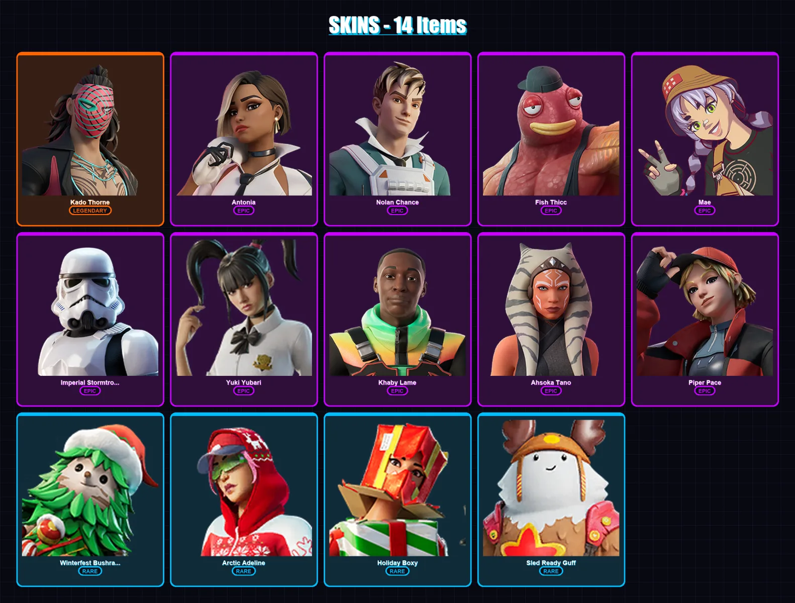 [PC/XBOX/PSN] | Kado Thorne | Antonia | Nolan Chance | Fish Thicc | Mae | 14 skin | 50 pickaxe | 25 emote | 39 glider | Lv594