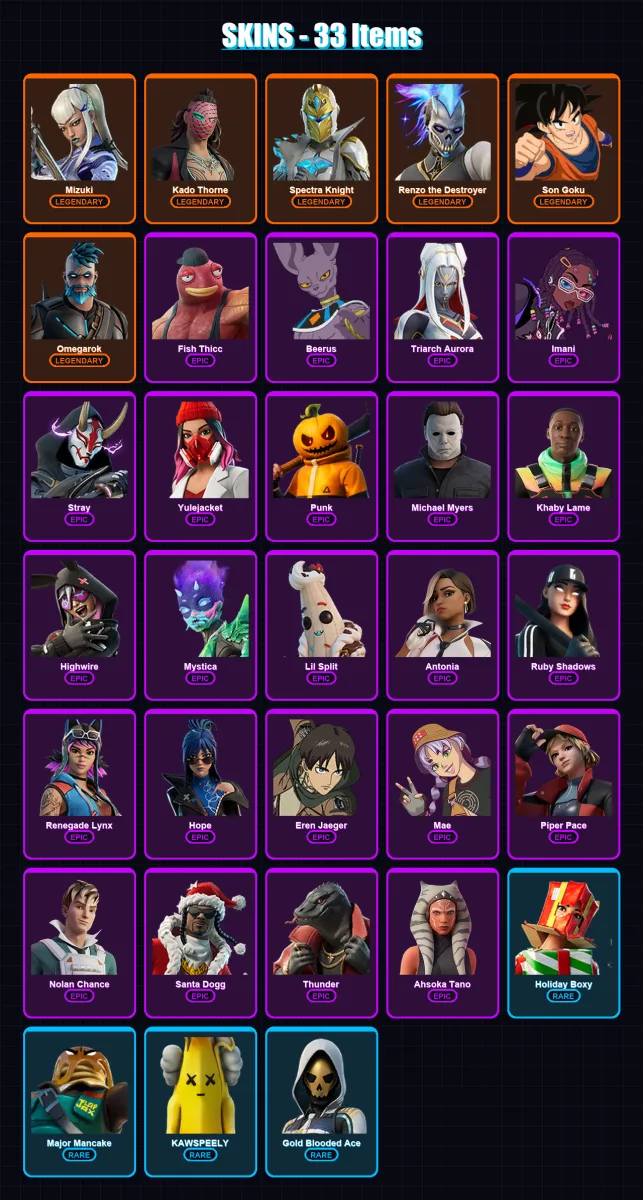 [PC/XBOX/PSN] | Mizuki | Kado Thorne | Spectra Knight | Renzo the Destroyer | Son Goku | 33 skin | 53 pickaxe | 42 emote | 40 glider | Lv643
